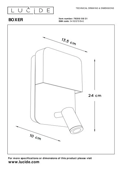 Lucide BOXER - Wandlamp - LED - 3000K - Met USB oplaadpunt - Wit - technisch